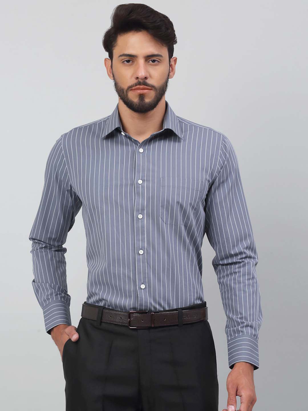 

LOUIS STITCH Vertical Striped Comfort Opaque Premium Cotton Formal Shirt, Grey