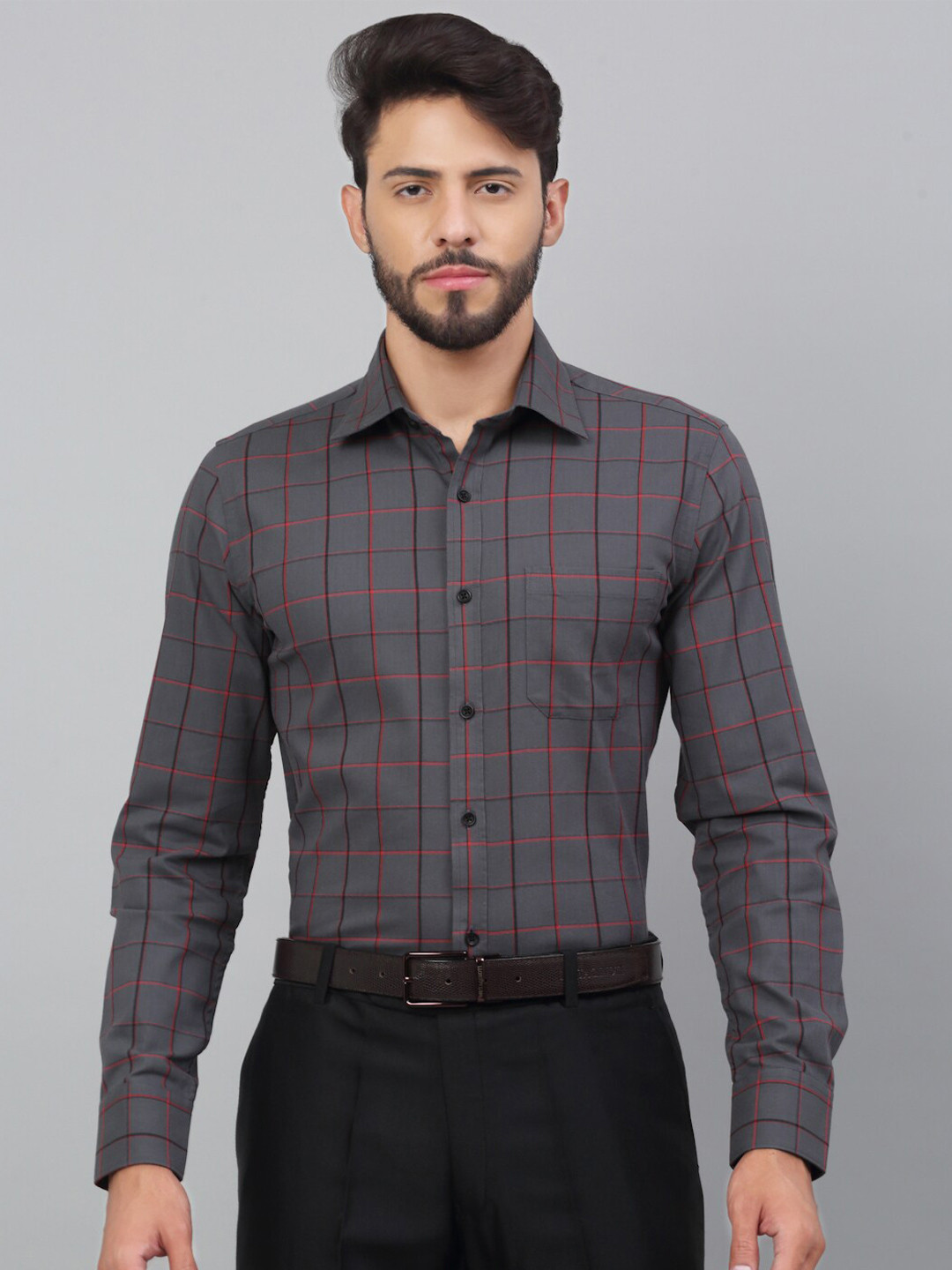 

LOUIS STITCH Comfort Fit Tartan Checked Cotton Formal Shirt, Grey