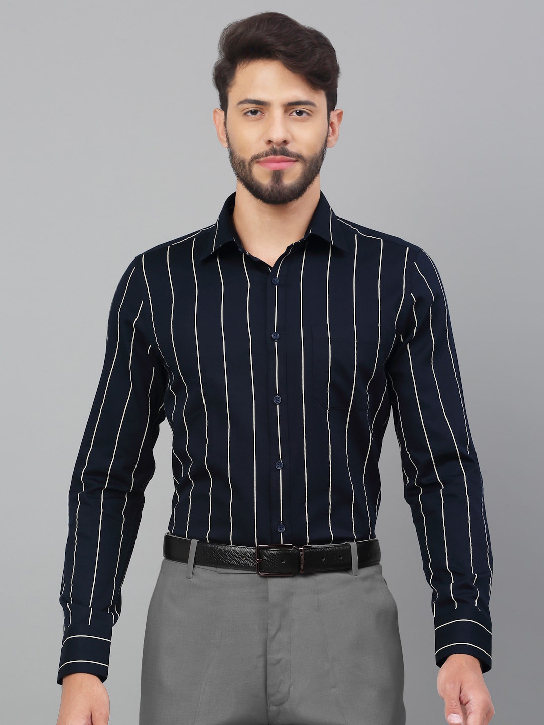 

LOUIS STITCH Striped Comfort Opaque Cotton Formal Shirt, Navy blue