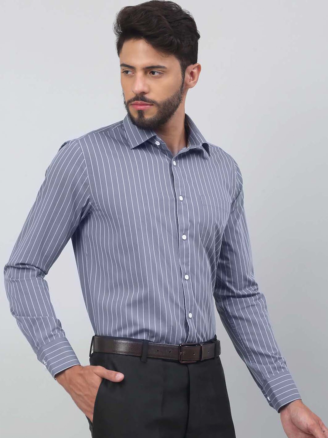

LOUIS STITCH Comfort Striped Pure Cotton Formal Shirt, Grey