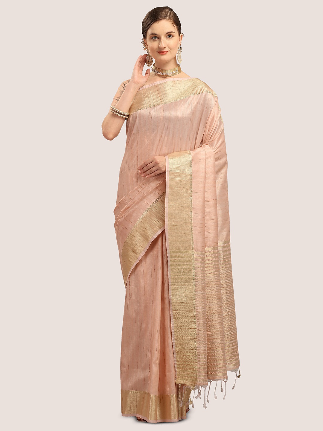 

VISHNU WEAVES Woven Design Zari Tussar Saree, Copper