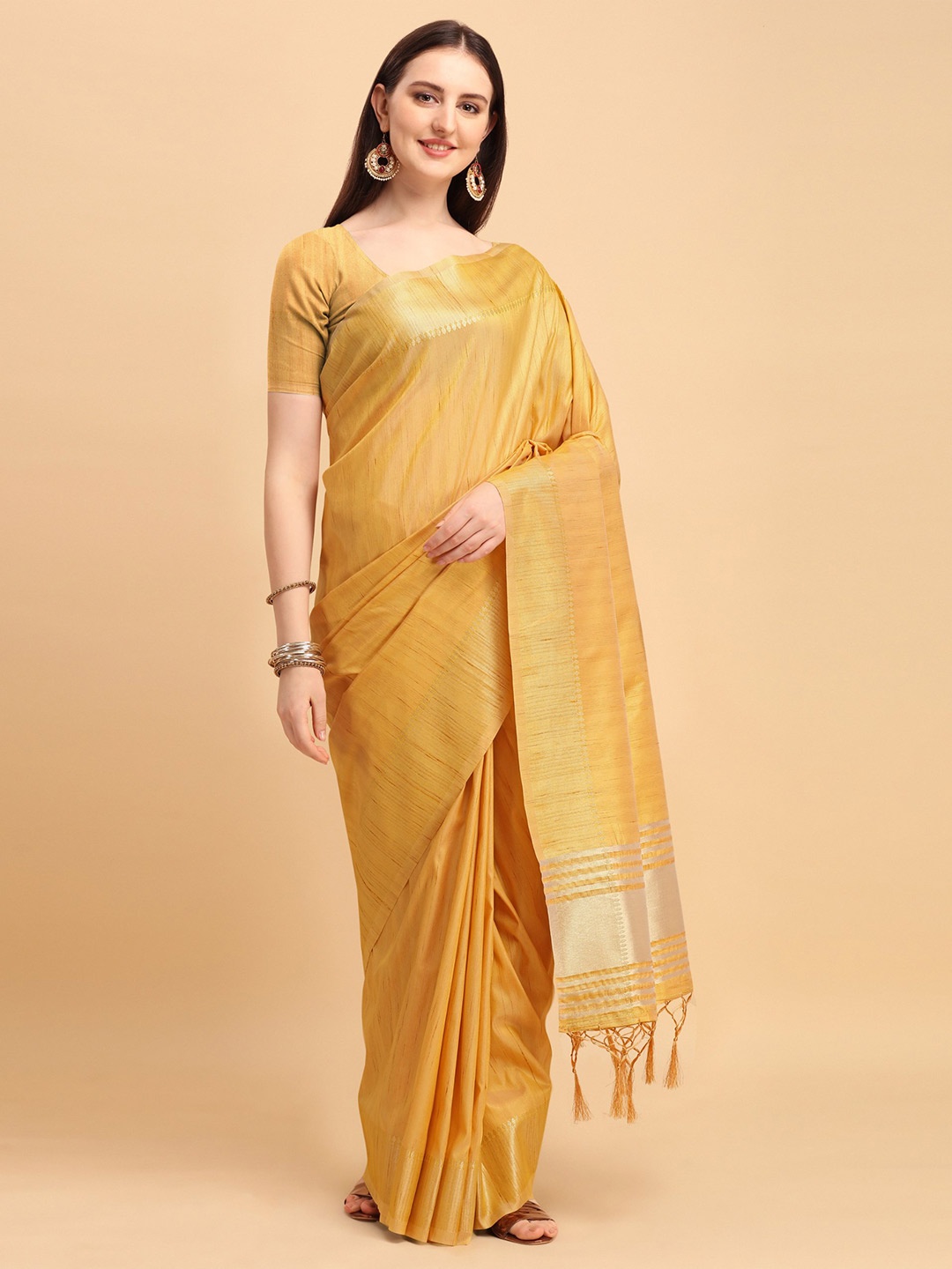

VISHNU WEAVES Woven Design Zari Tussar Saree, Yellow