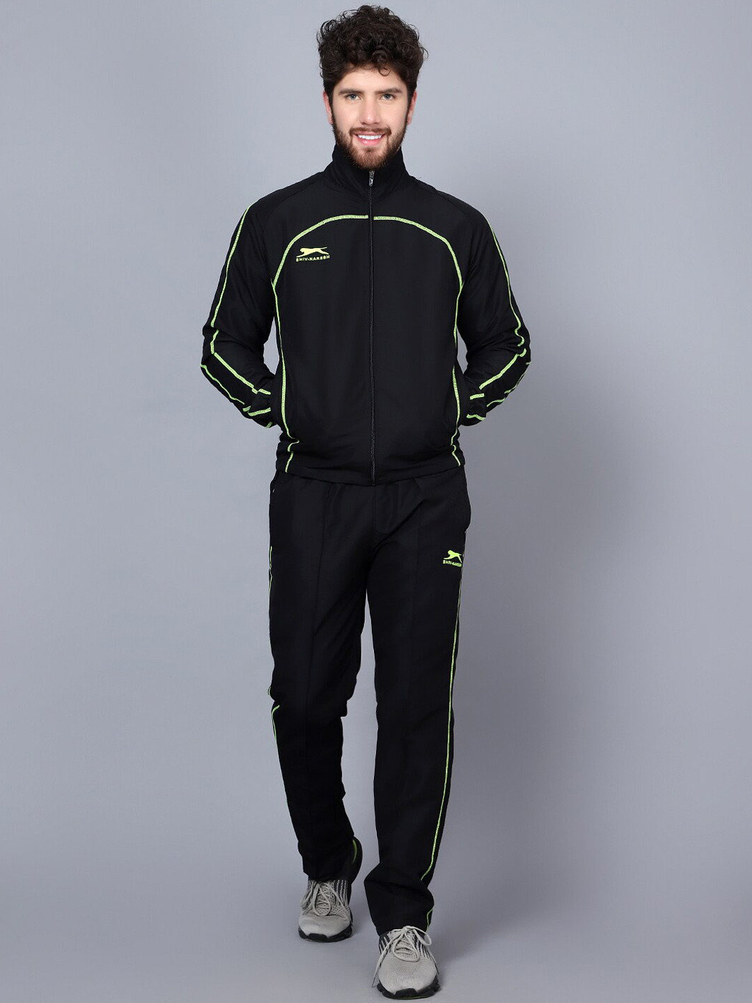 

Shiv Naresh Men Printed Mock Collar Sports Tracksuit, Black