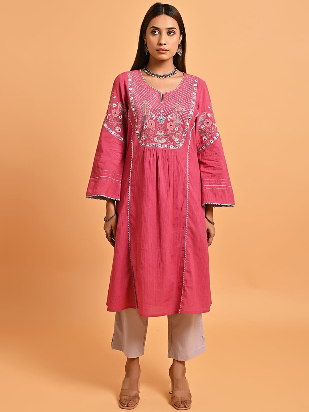 

Lakshita Ethnic Motifs Yoke Design Flared Sleeves Thread Work Kurta, Pink