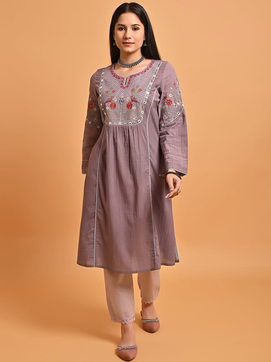 

Lakshita Ethnic Motifs Embroidered Mirror Work Panelled A-Line Kurta, Mauve