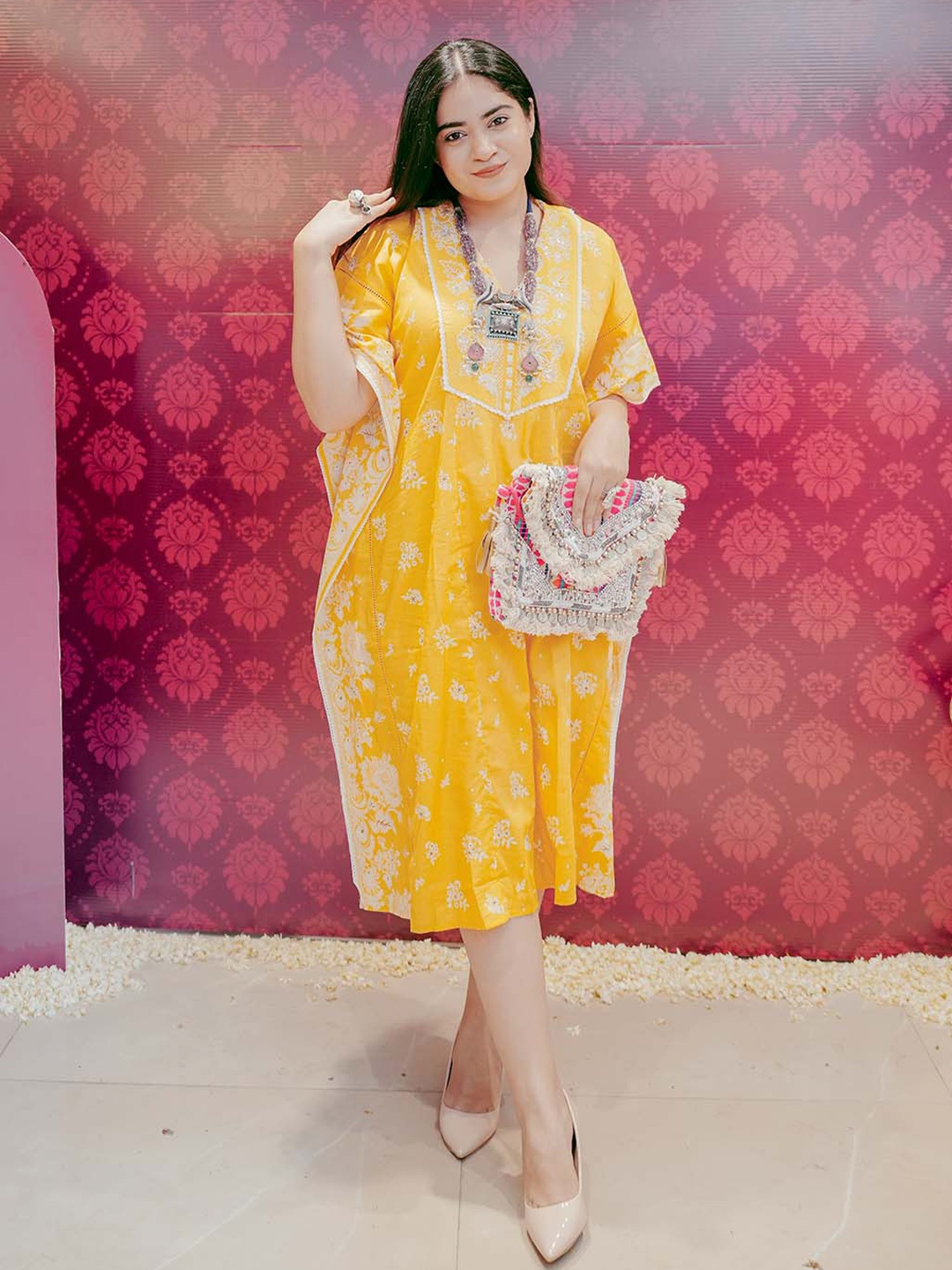 

Lakshita Floral Printed Embroidered Kaftan Ethnic Dress, Yellow