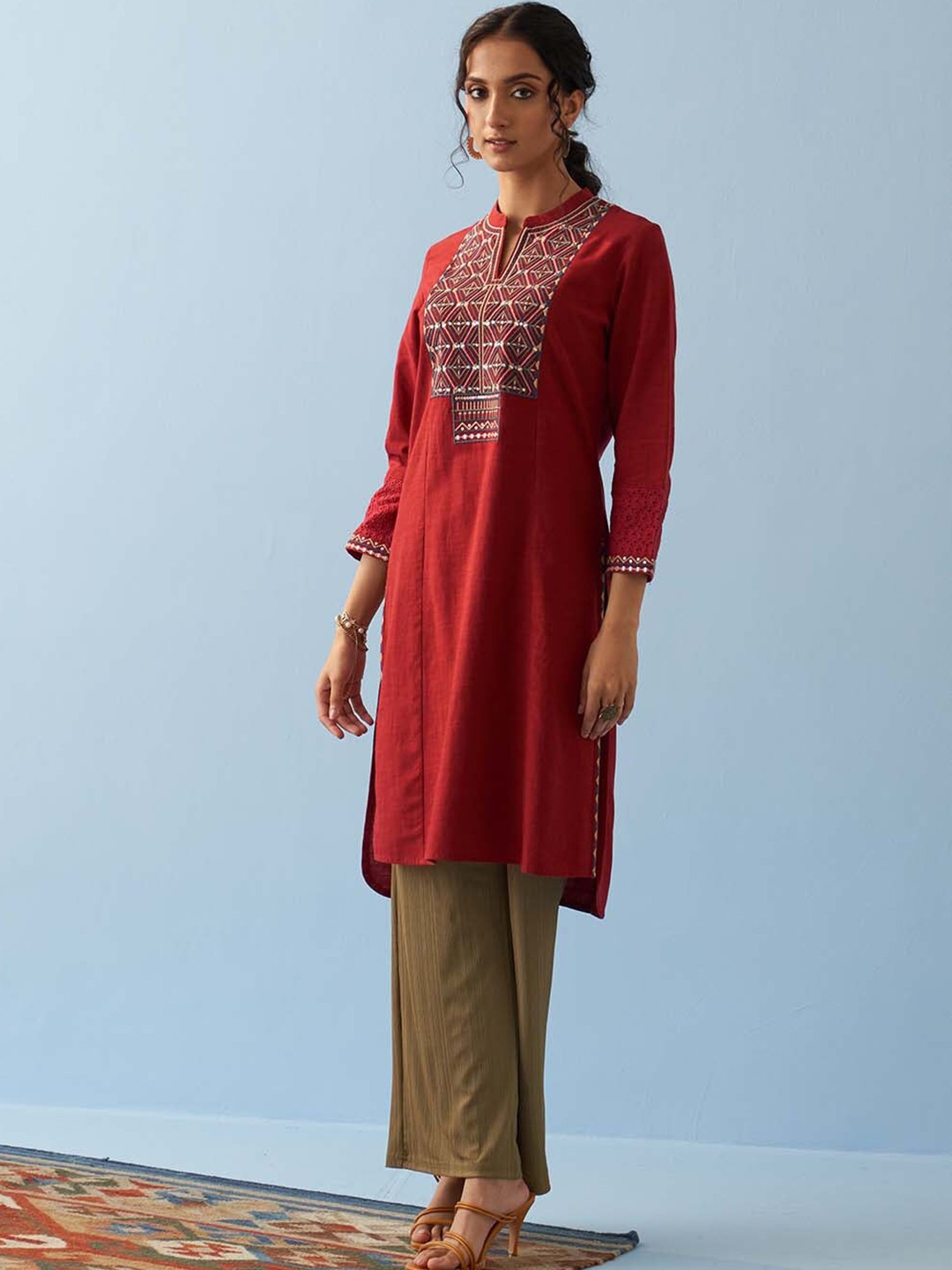 

Lakshita Yoke Design Embroidered High-Low Hem Pure Cotton Kurta, Red
