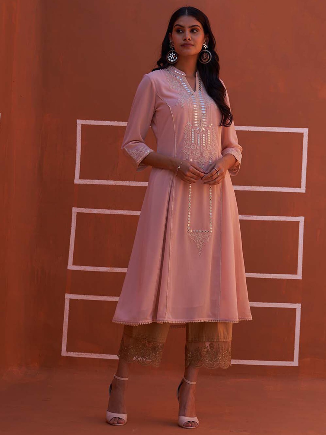 

Lakshita Mandarin Collar Floral Embroidered Mirror Work A-Line Kurta, Pink