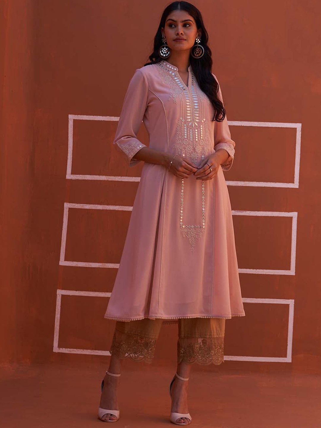 

Lakshita Floral Mirror Work Embroidered Panelled Pure Cotton A-Line Kurta, Pink