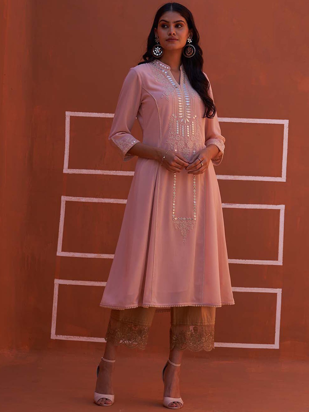

Lakshita Ethnic Motifs Embroidered Mirror Work A-Line Panelled Kurta, Pink