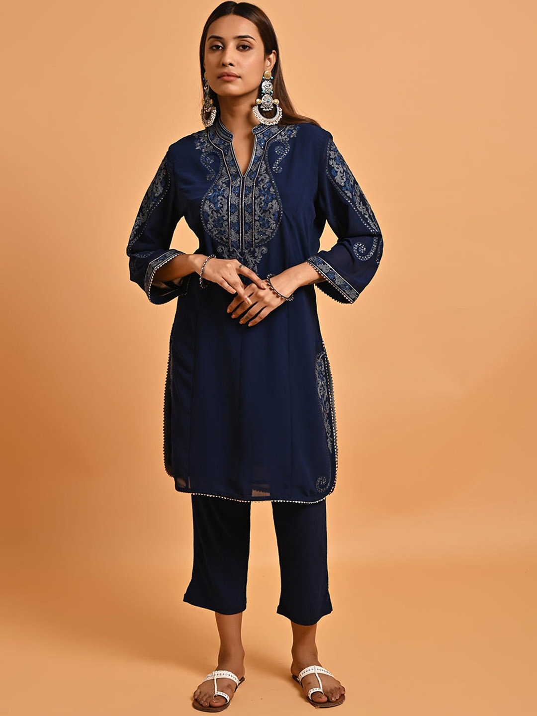 

Lakshita Ethnic Motifs Yoke Design Thread Work Georgette Kurta, Navy blue