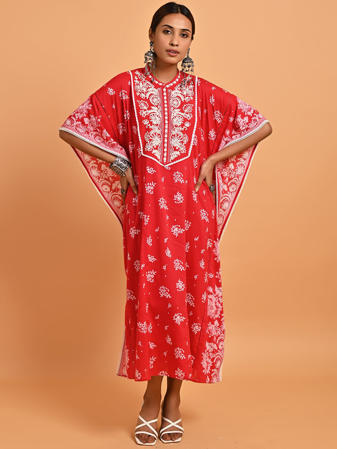 

Lakshita Ethnic Motifs Printed Flared Sleeves Thread Work Kaftan Ethnic Dress, Red