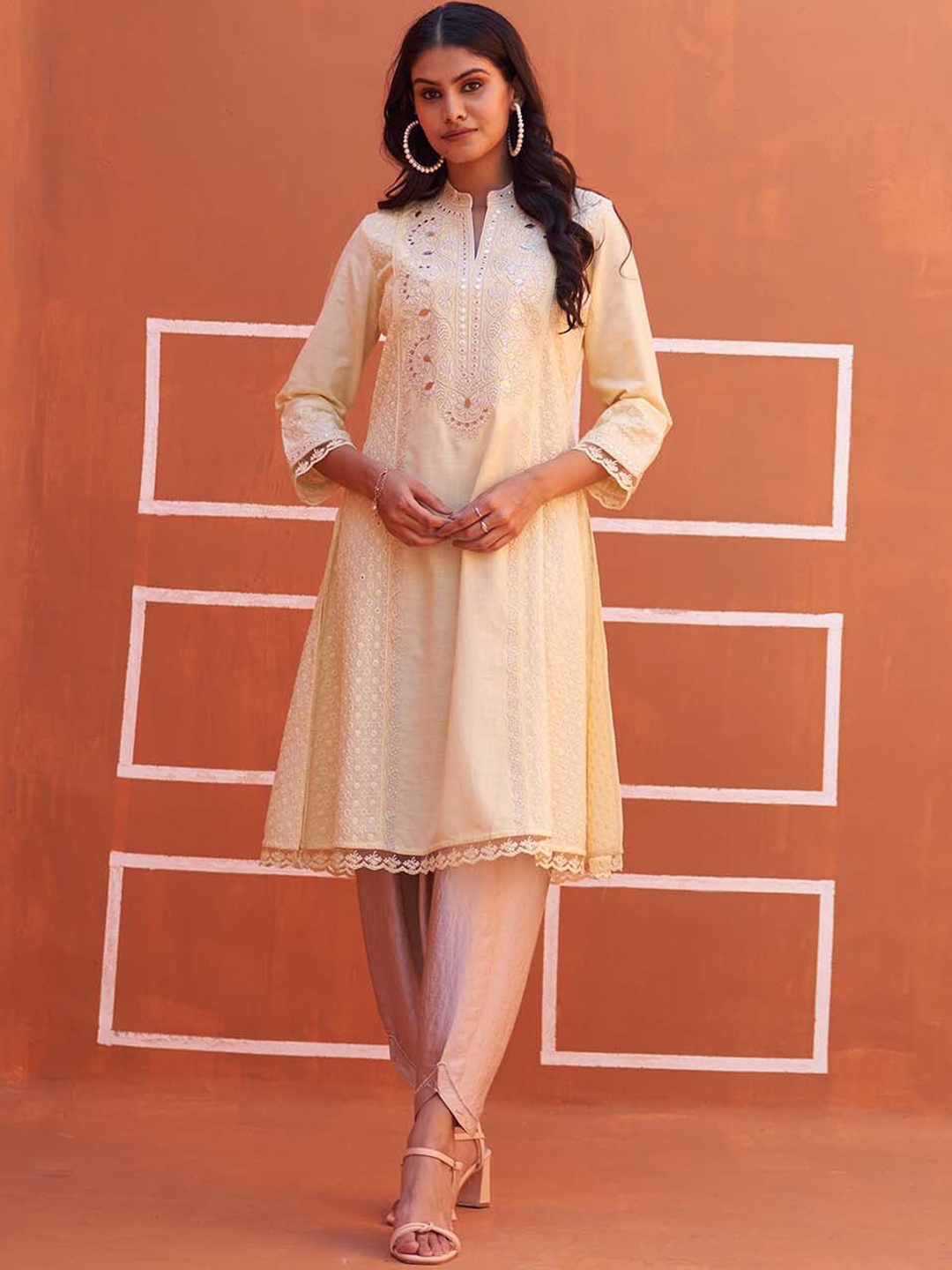 

Lakshita Floral Embroidered Mirror Work A-Line Kurta, Yellow