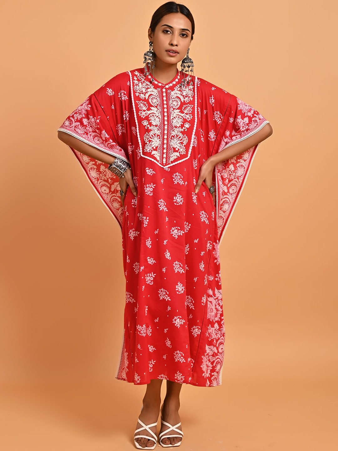 

Lakshita Ethnic Motifs Printed Thread Work Kaftan Ethnic Dress, Red