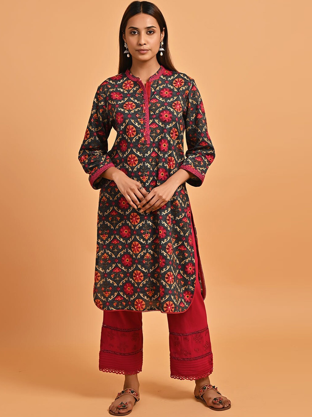 

Lakshita Ethnic Motifs Printed Mandarin Collar Pure Cotton Kurta, Red