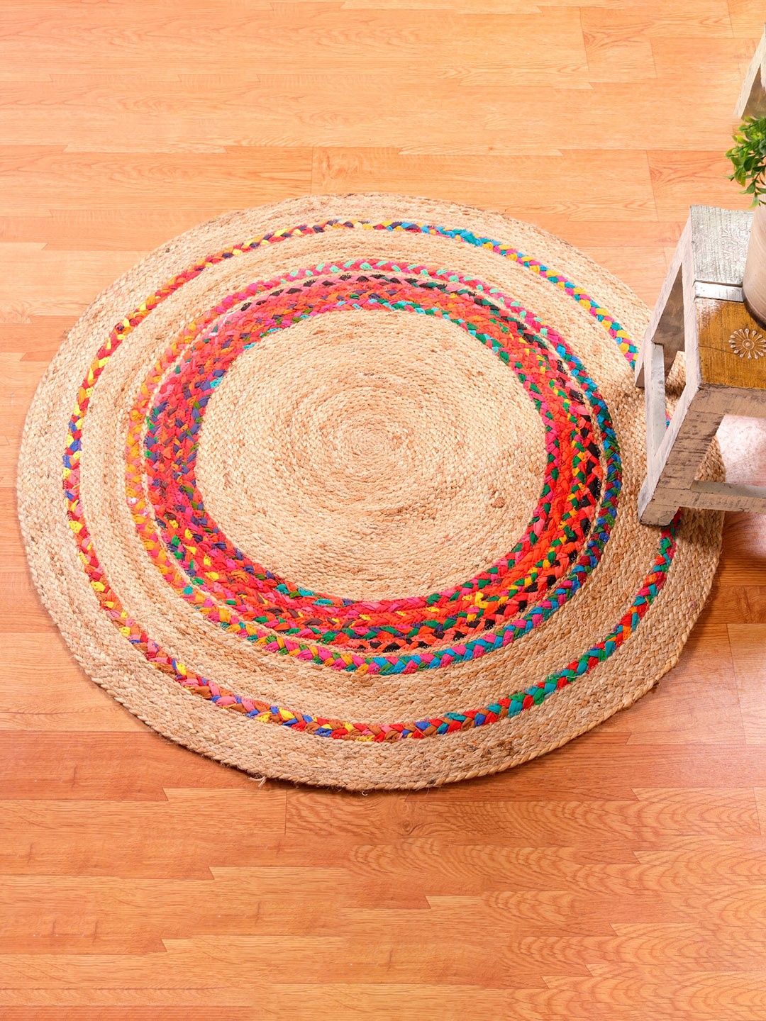 

HANDICRAFT PALACE Brown & Red Braided Circular Jute Cotton Carpet