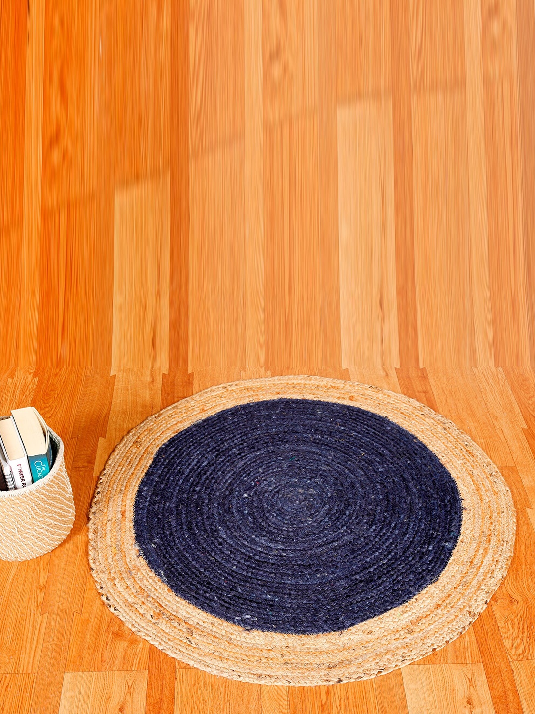 

HANDICRAFT PALACE Brown & Blue Braided Circular Jute Cotton Carpet