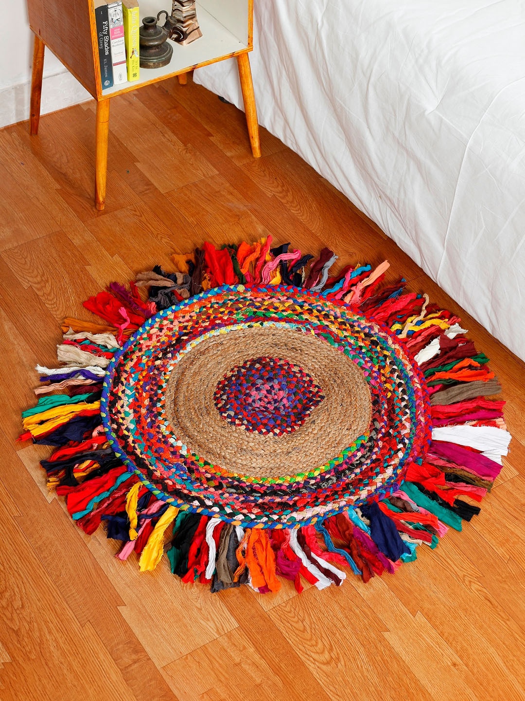 

HANDICRAFT PALACE Brown & Red Braided Circular Jute Cotton Carpet