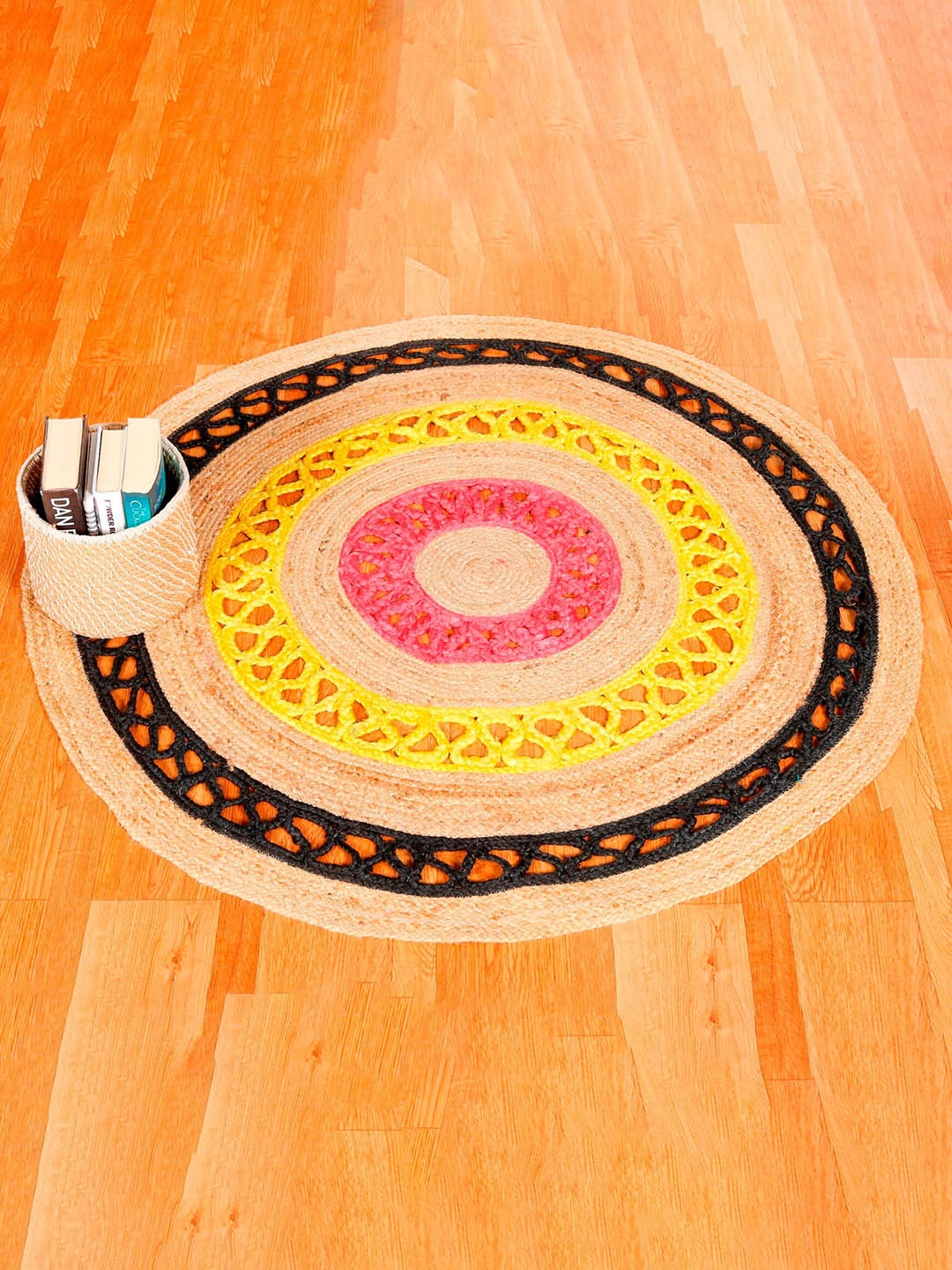 

HANDICRAFT PALACE Brown & Yellow Braided Circular Jute Cotton Carpet