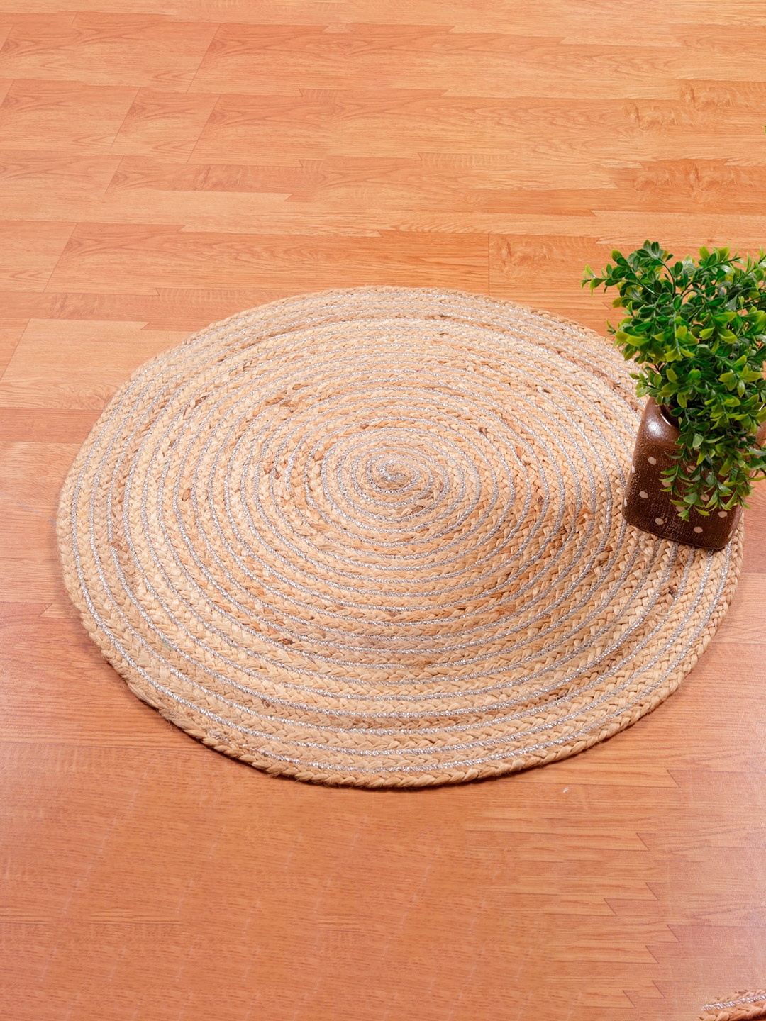 

HANDICRAFT PALACE Brown & Grey Braided Circular Jute Cotton Carpet