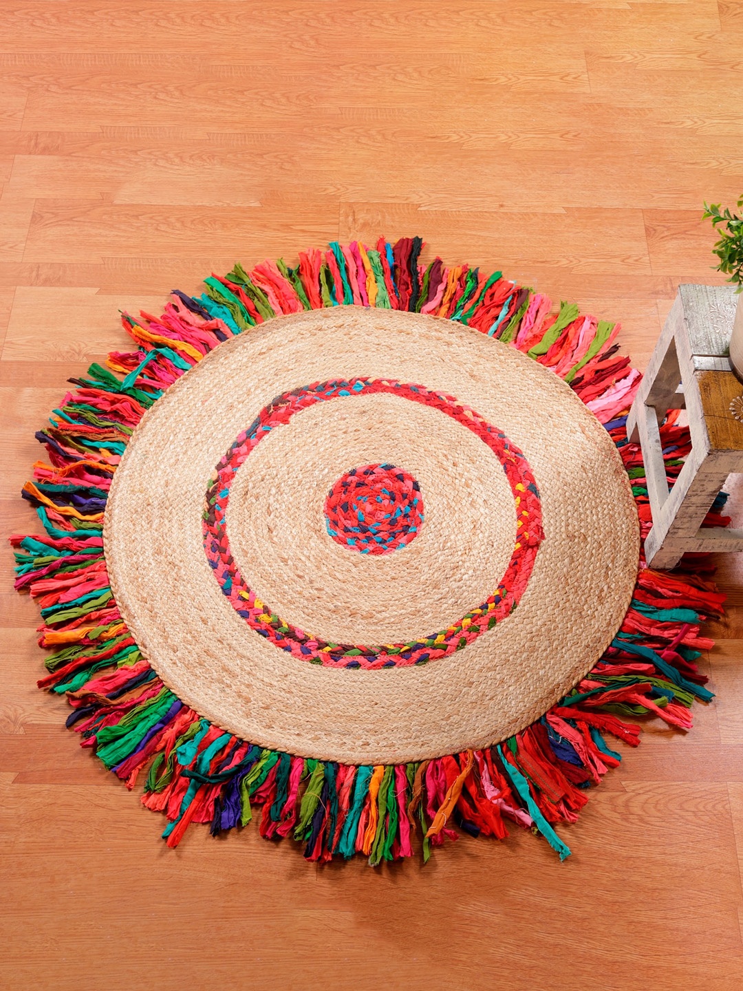 HANDICRAFT PALACE Brown & Red Braided Circular Jute Cotton Carpet
