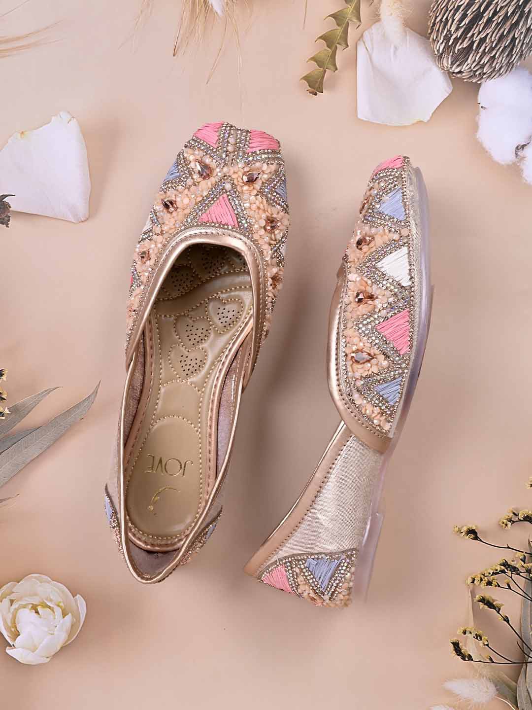 

Jove Women Square Toe Ethnic Embellished Fabric Mojaris, Rose gold