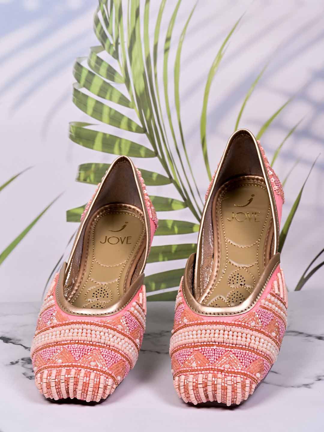 

Jove Women Square Toe Ethnic Embellished Fabric Mojaris, Pink