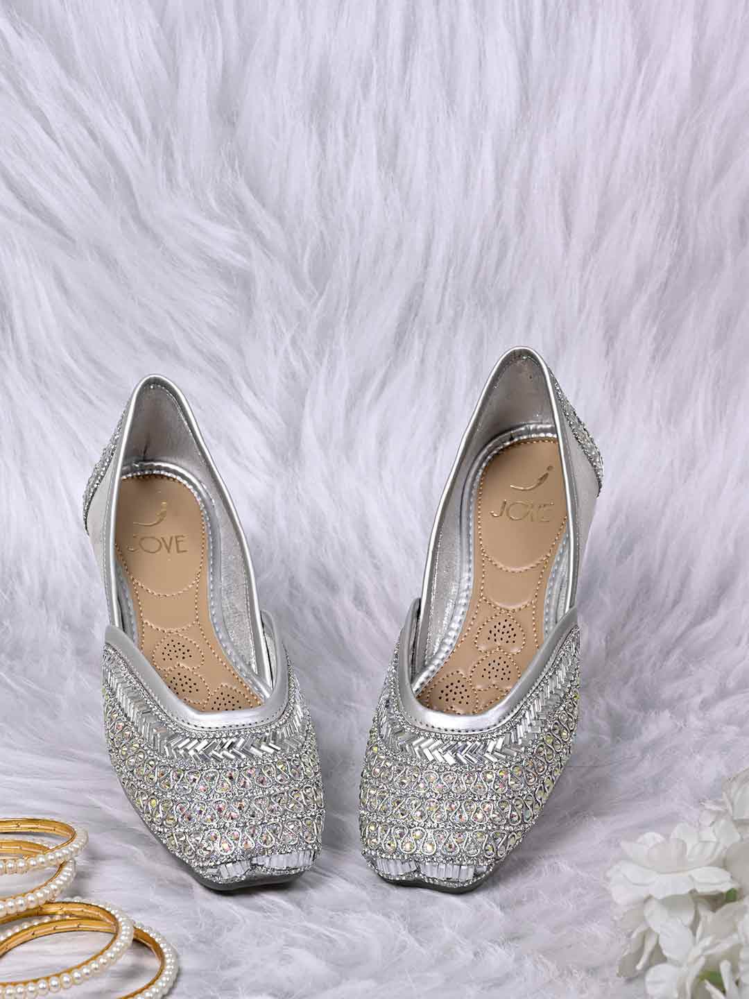 

Jove Women Square Toe Ethnic Embellished Fabric Mojaris, Silver