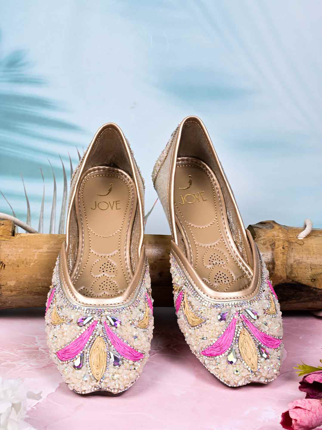 

Jove Women Square Toe Ethnic Embellished Fabric Mojaris, Gold