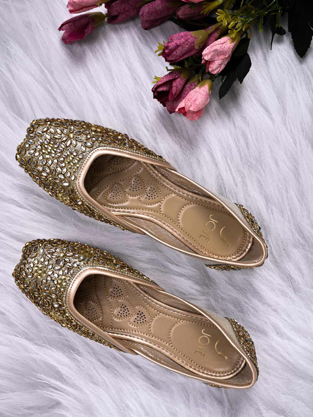 

Jove Women Square Toe Ethnic Embellished Fabric Mojaris, Gold