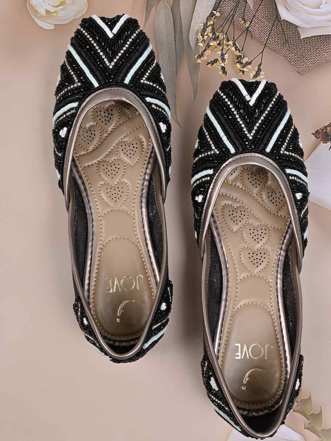 

Jove Women Square Toe Ethnic Embellished Fabric Mojaris, Black