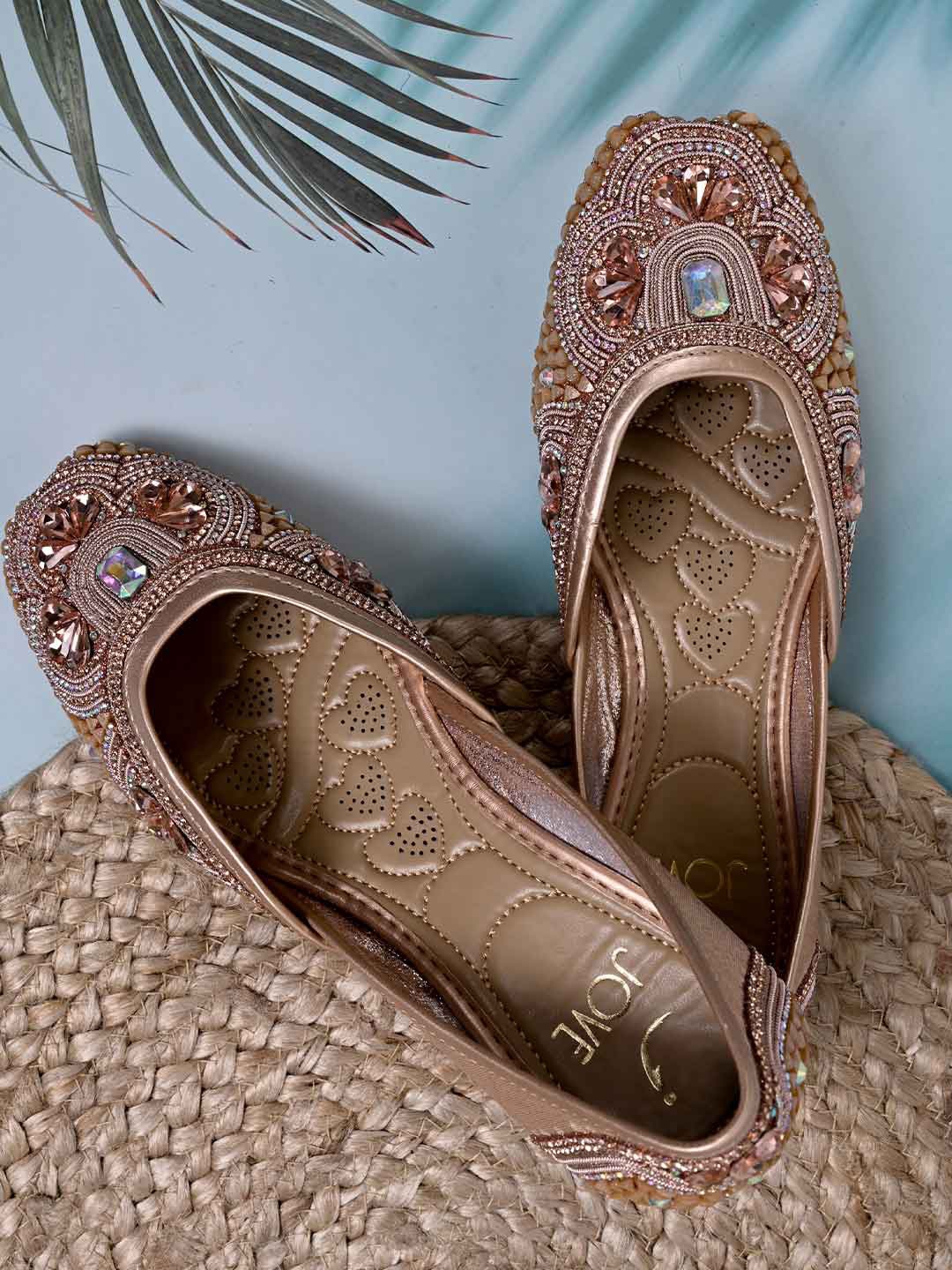 

Jove Women Square Toe Ethnic Embellished Fabric Mojaris, Rose gold