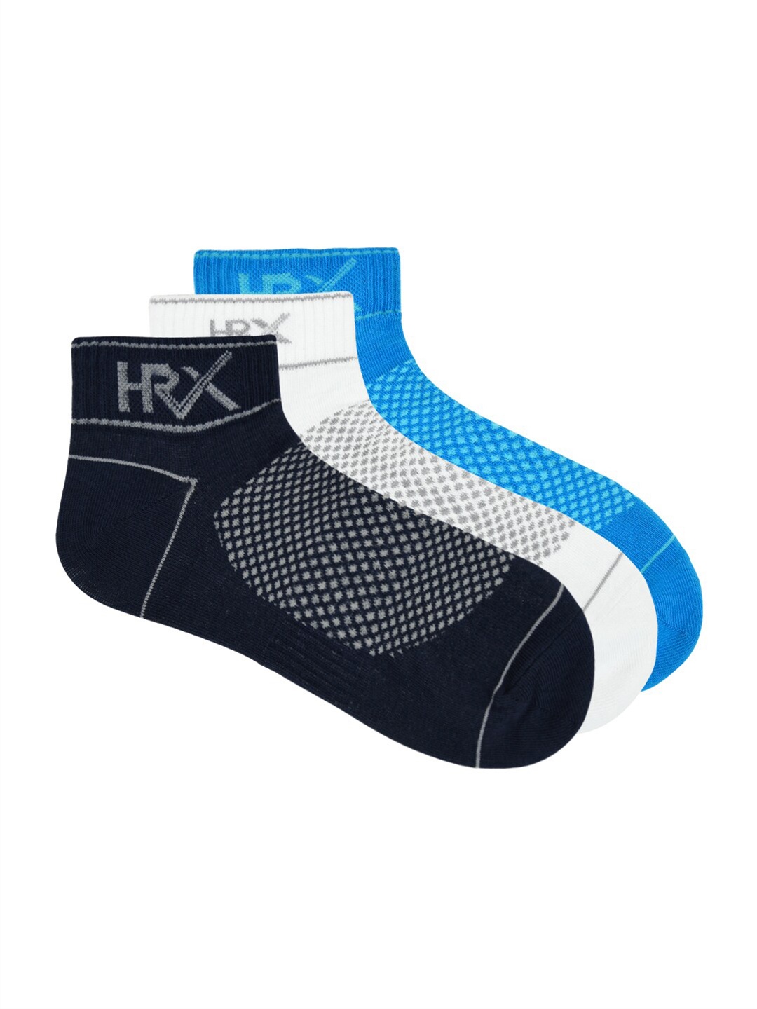 

HRX by Hrithik Roshan Men Pack Of 3 Patterned Cotton Ankle Length Socks, Blue