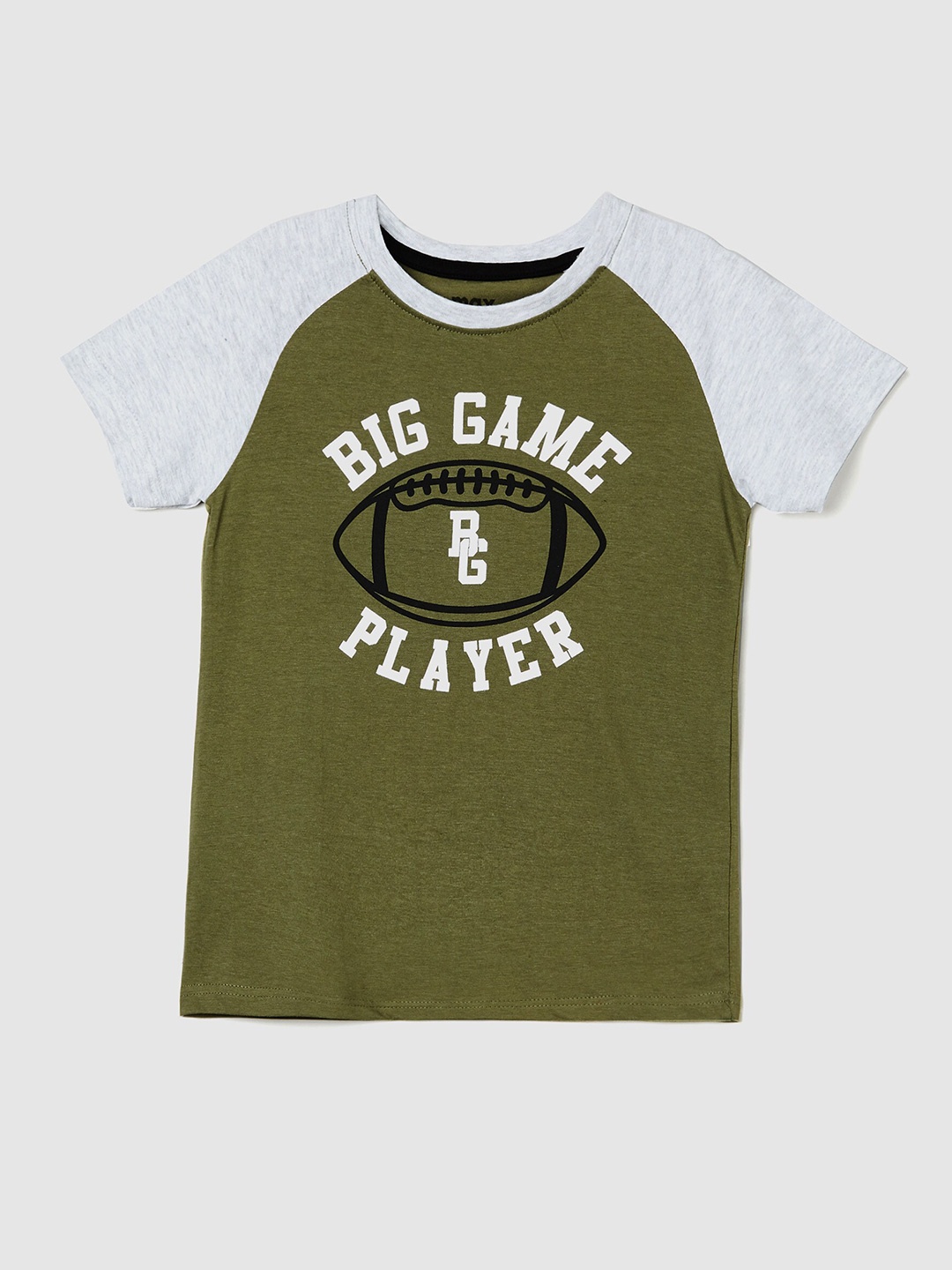 

max Boys Typography Printed Raglan Sleeves Pure Cotton T-Shirt, Olive