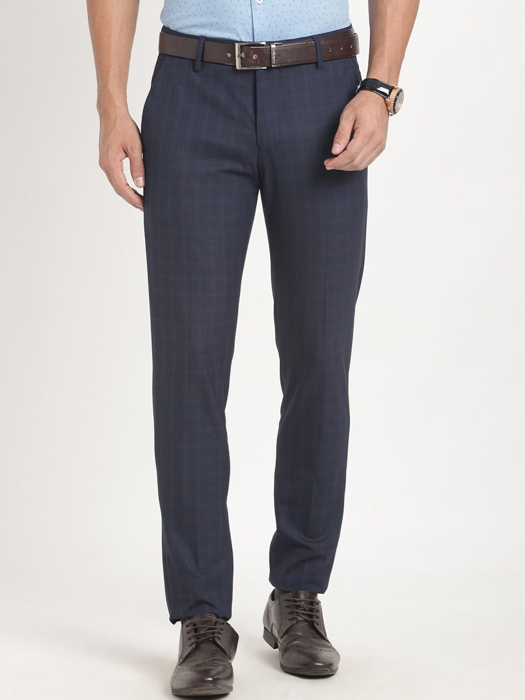 

Turtle Men Tailored Slim Fit Checked Stretchable Formal Trousers, Navy blue