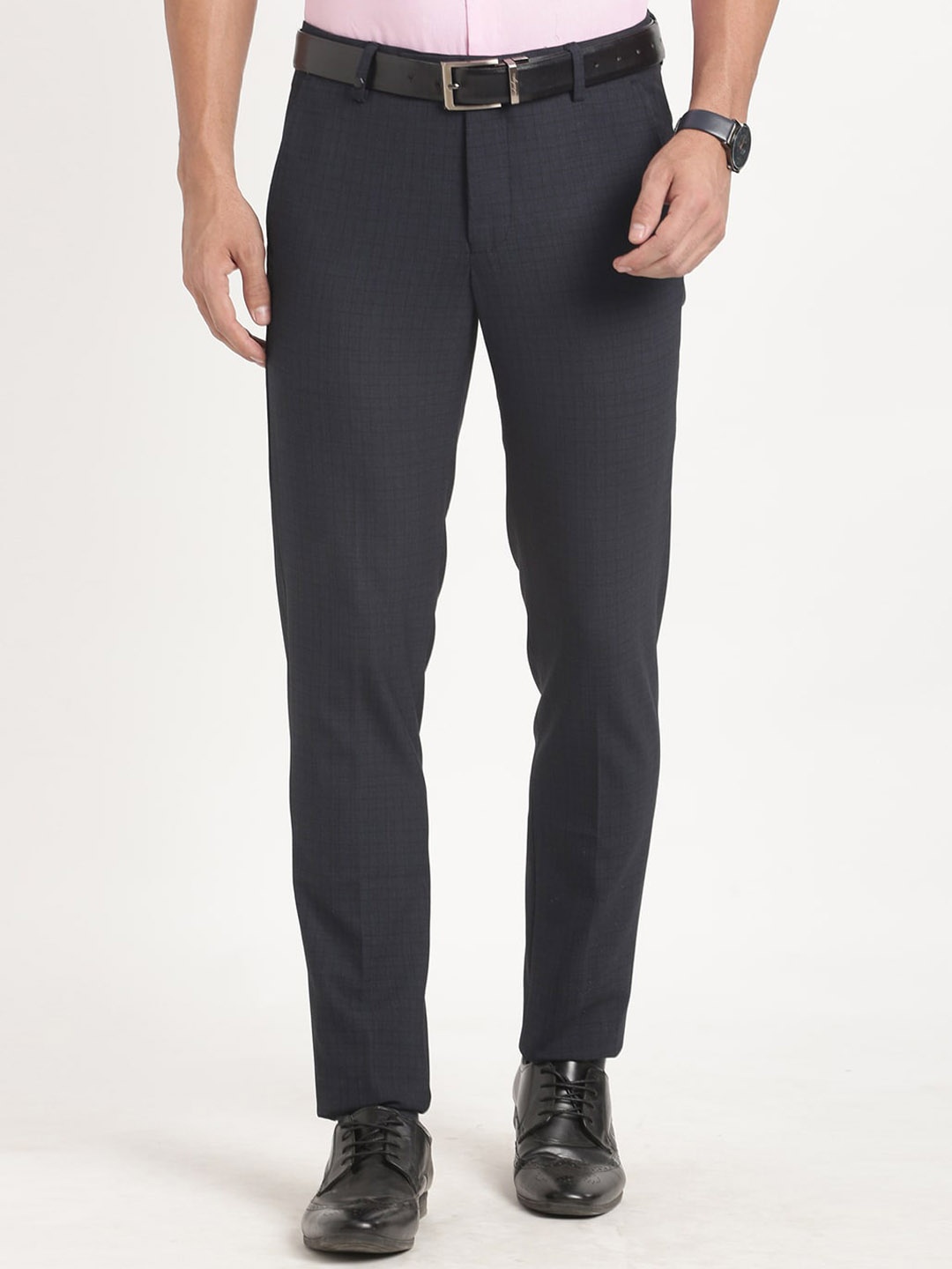 

Turtle Men Tailored Slim Fit Checked Stretchable Formal Trousers, Charcoal