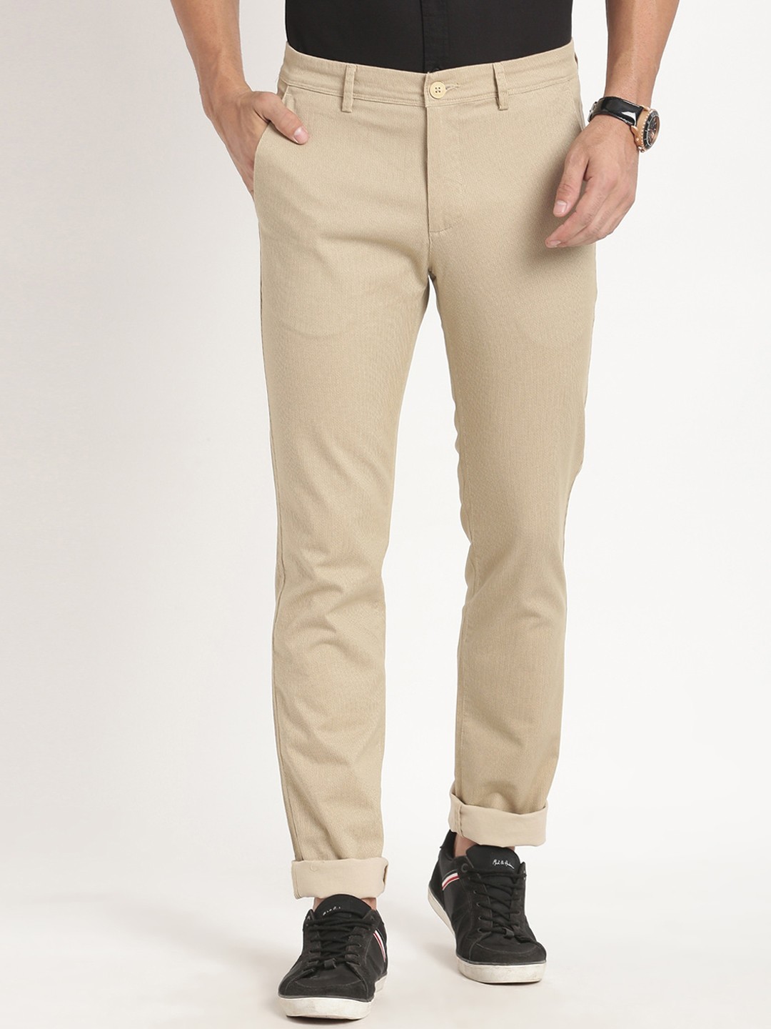 

Turtle Men Relaxed Tapered Fit Easy Wash Stretchable Trousers, Beige