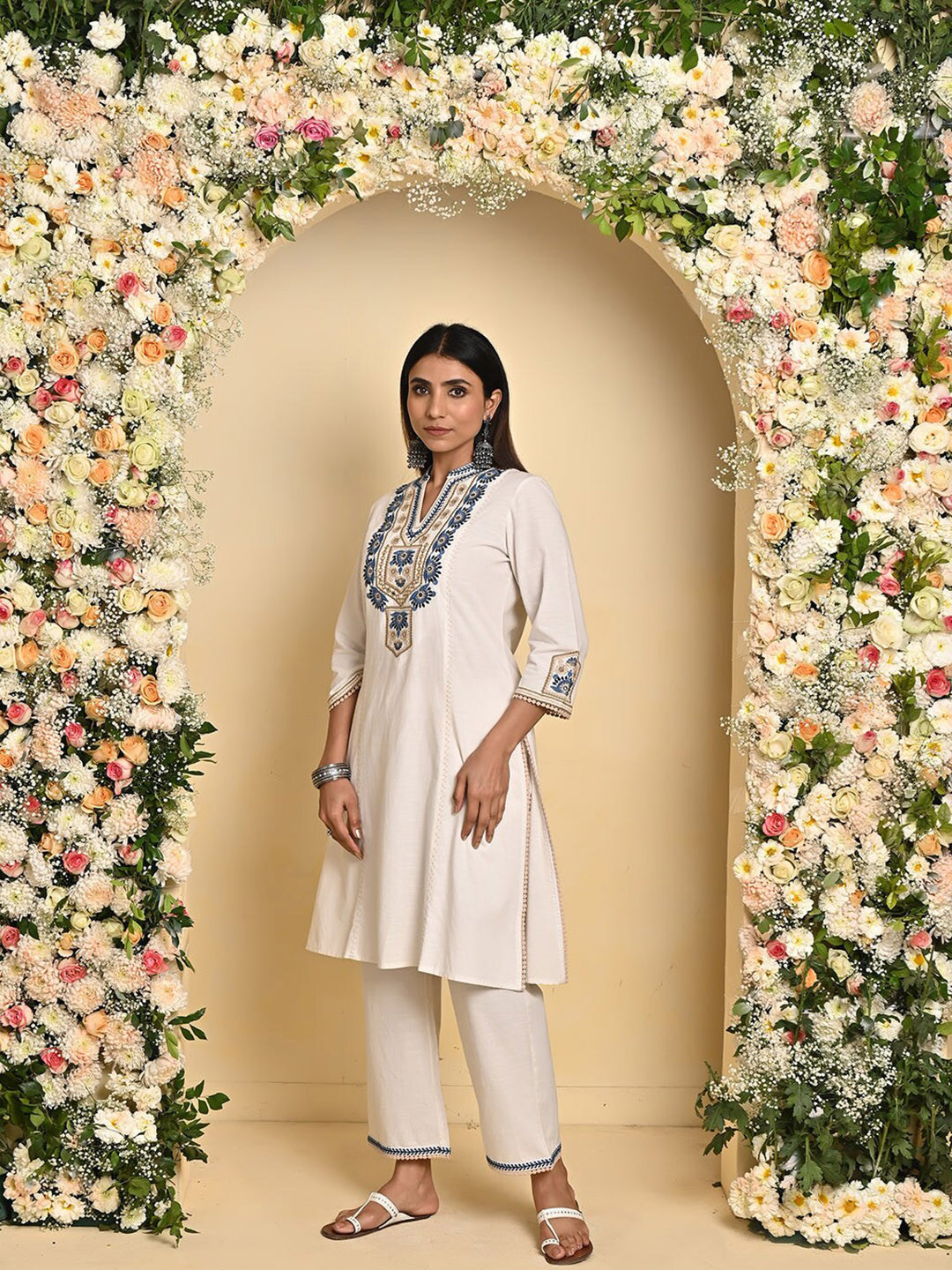

Lakshita Ethnic Motifs Embroidered Mirror Work Pure Cotton Kurta with Trousers, Off white