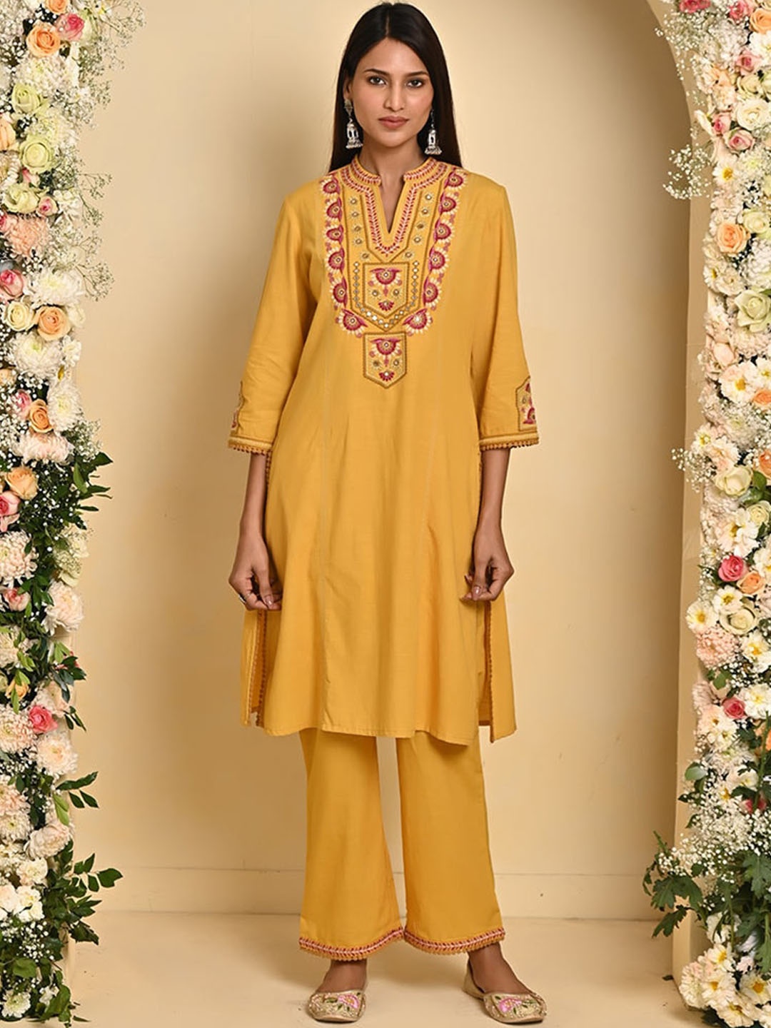 

Lakshita Ethnic Motifs Embroidered Mirror Work Pure Cotton Kurta with Trousers, Mustard