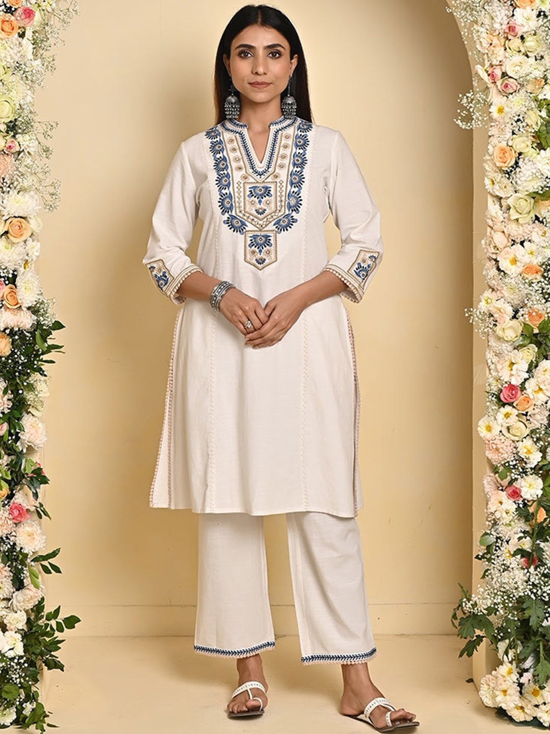 

Lakshita Ethnic Motifs Embroidered Mirror Work Pure Cotton Kurta with Trousers, Off white