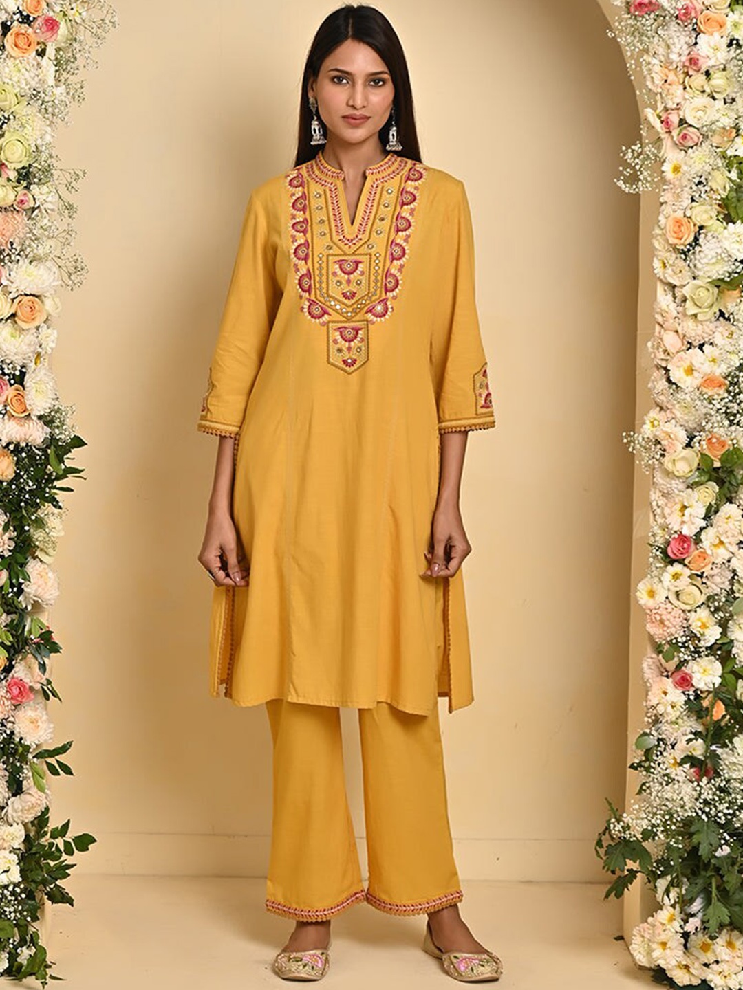 

Lakshita Ethnic Motifs Embroidered Mirror Work Pure Cotton Kurta with Trousers, Mustard