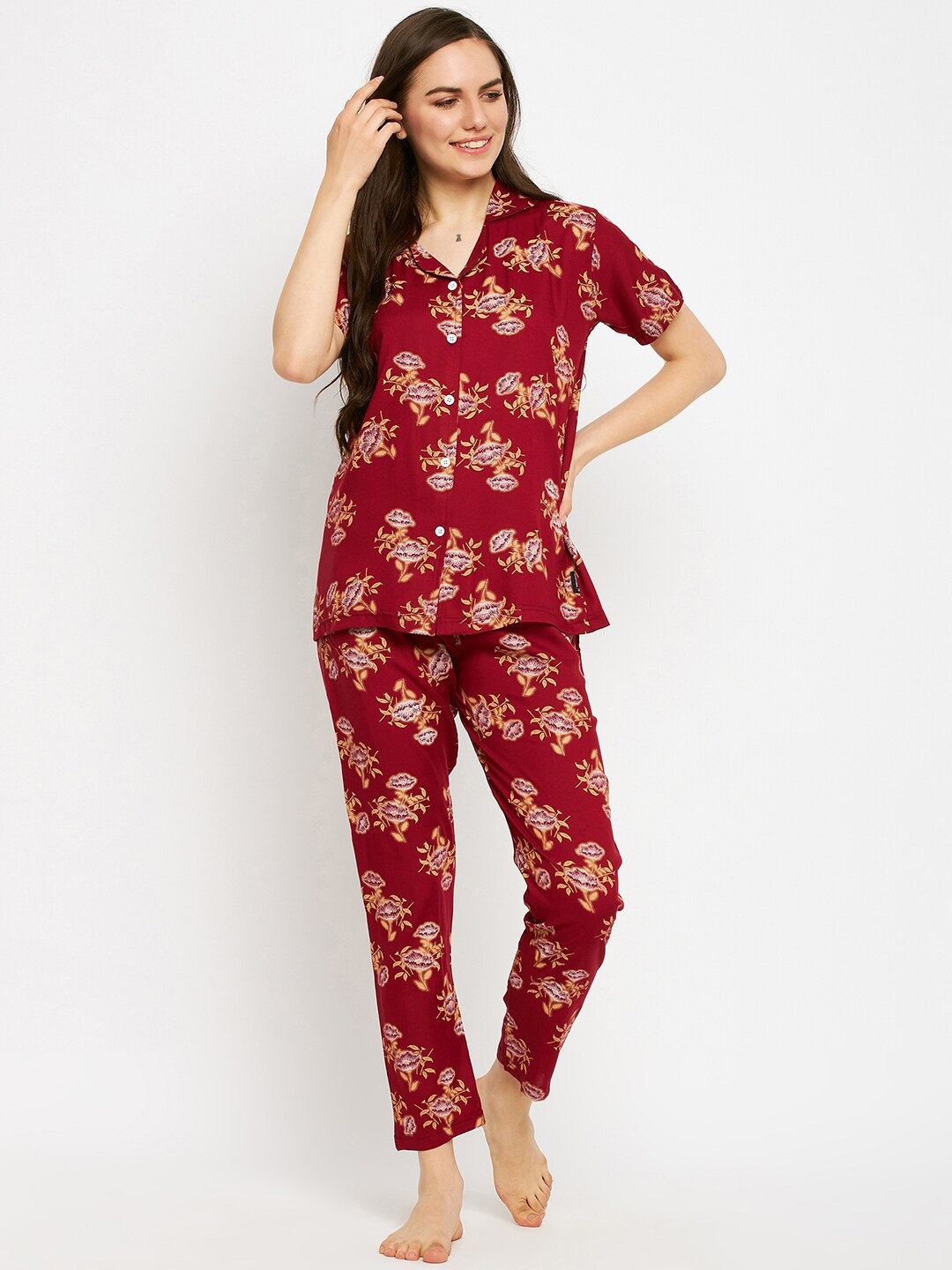 

FirstKrush Floral Printed Pure Cotton Night Suit, Red