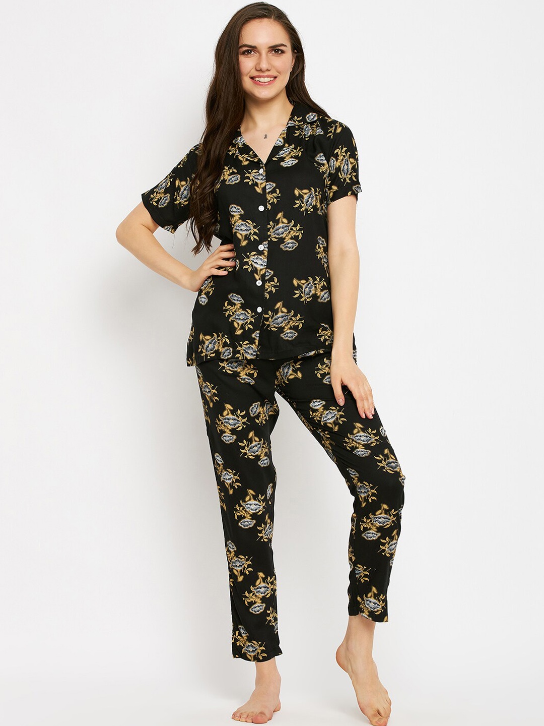 

FirstKrush Floral Printed Pure Cotton Night Suit, Black