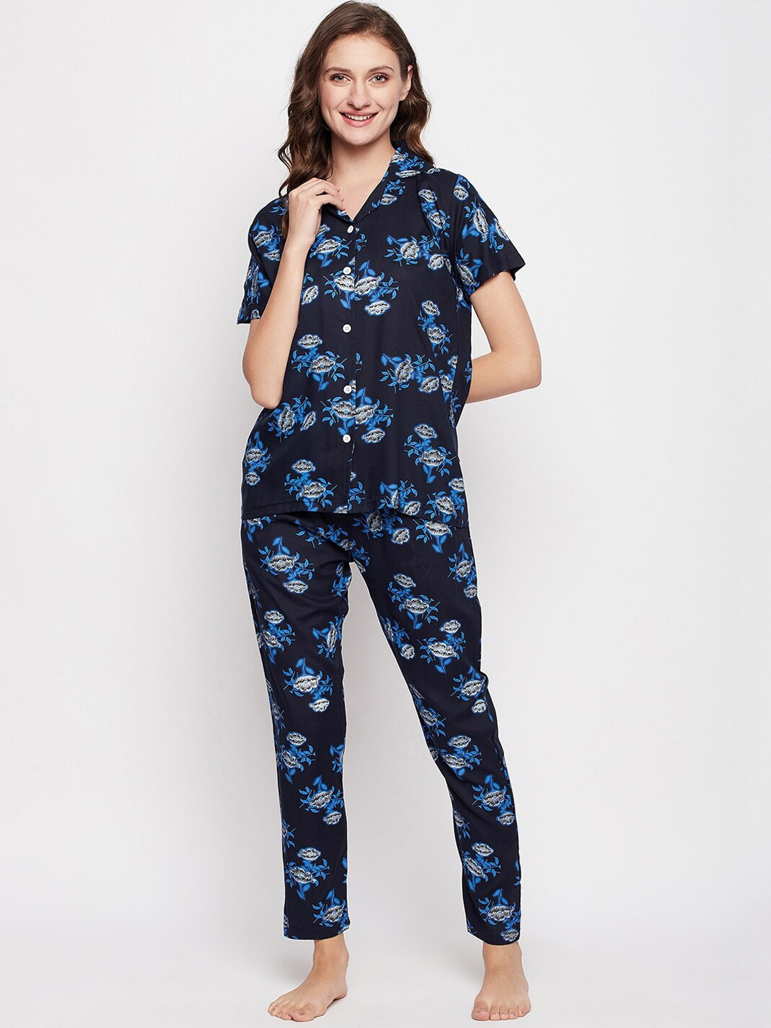 

FirstKrush Floral Printed Pure Cotton Night Suit, Navy blue