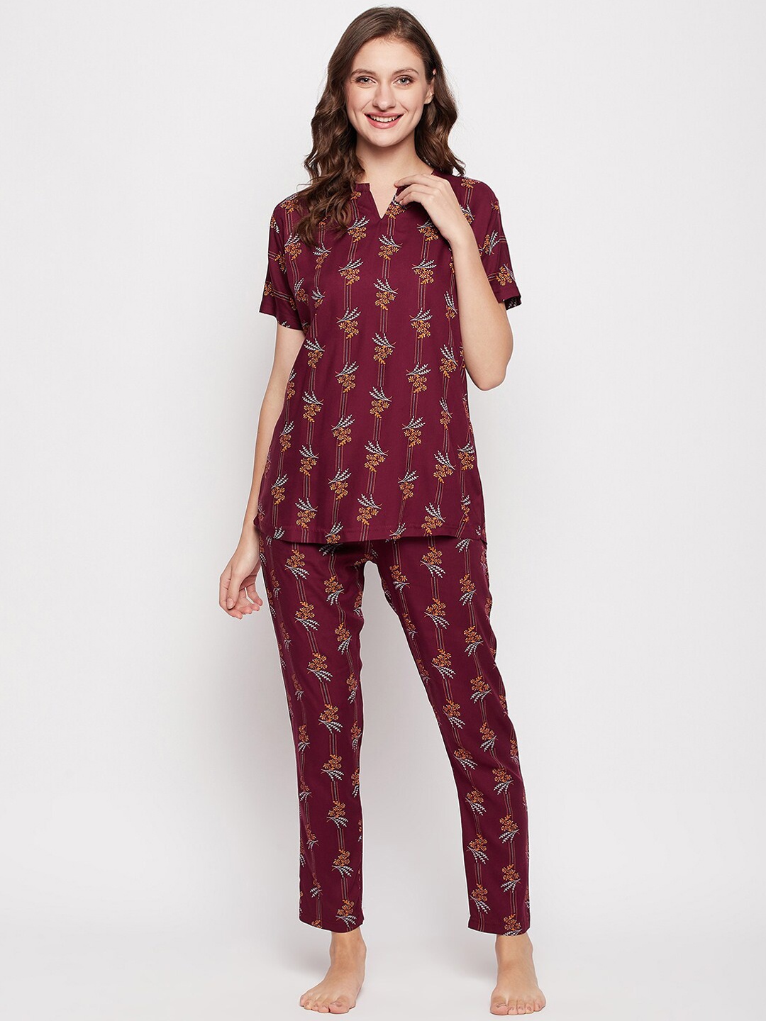 

FirstKrush Floral Printed Pure Cotton Night Suit, Maroon