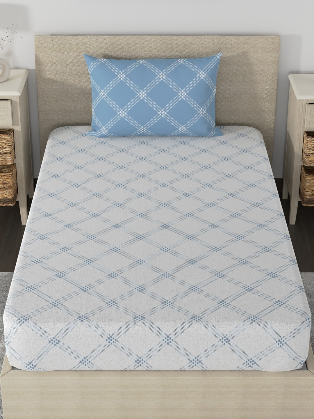 

Huesland Aspire White & Blue Printed 186 TC Cotton Single Bedsheet & Pillow Cover
