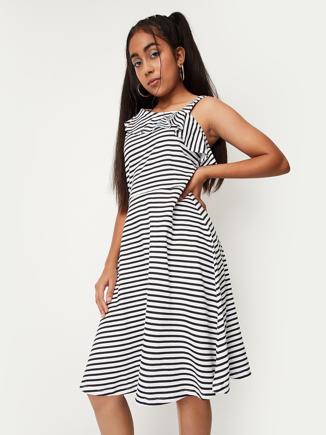 

max Monochrome Striped One Shoulder Ruffled A-Line Dress, Black
