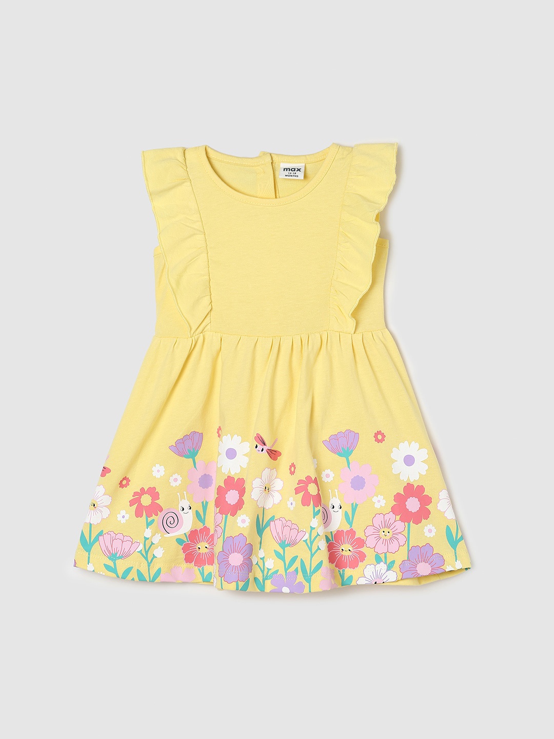 

max Infant Girls Floral Printed Flutter Sleeve Pure Cotton Fit & Flare Dress, Yellow