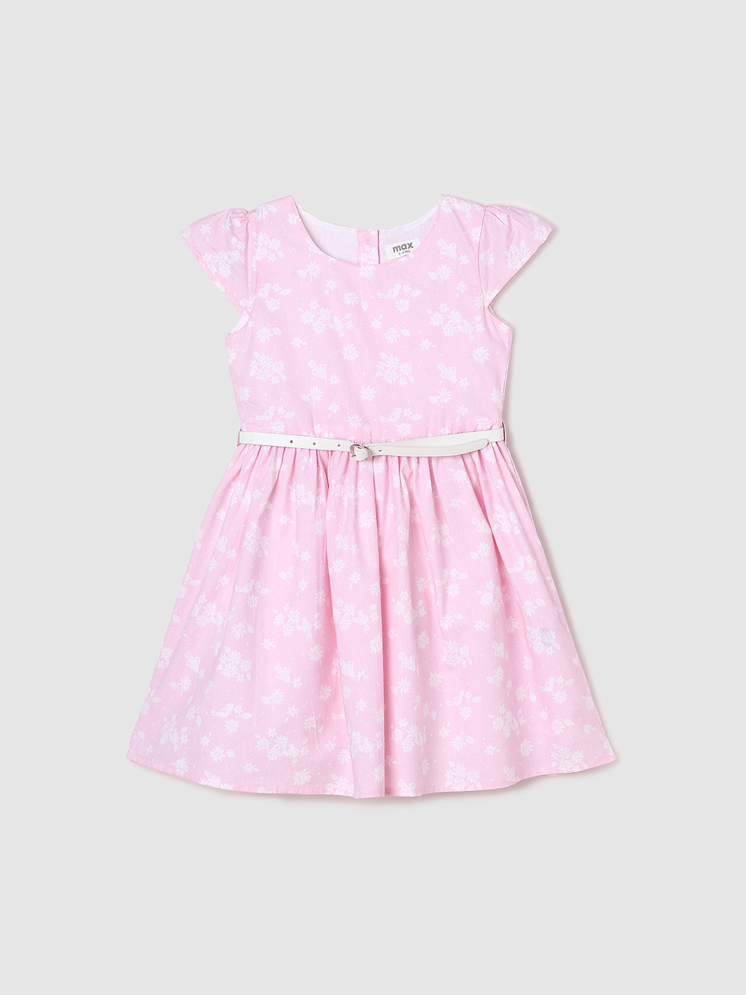 

max Girls Floral Printed Cap Sleeves Pure Cotton Fit & Flare Dress, Pink