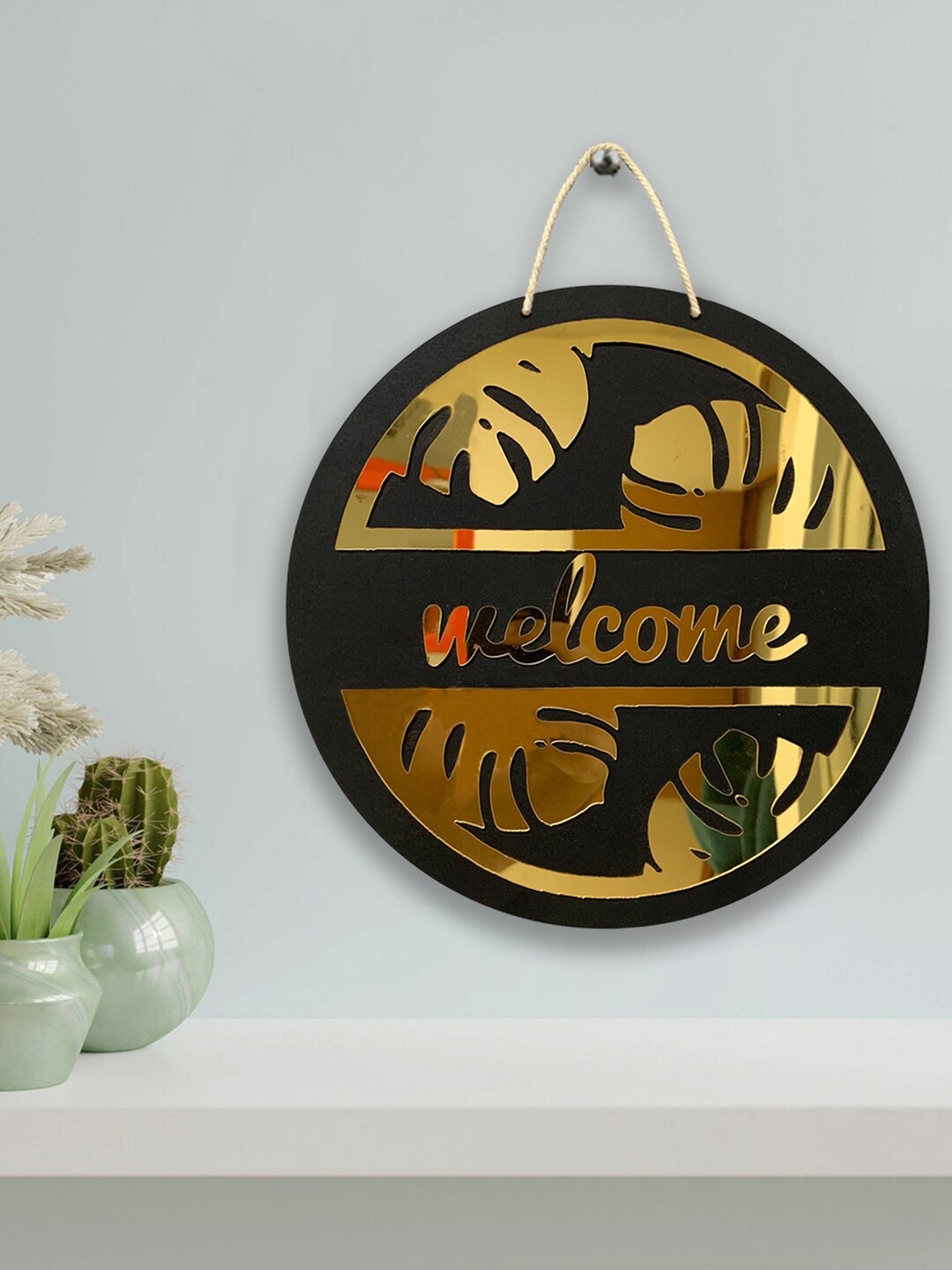 

Art Street Gold-Toned & Black Welcome Mostera Leaf Sign Round MDF Wooden Wall Decor